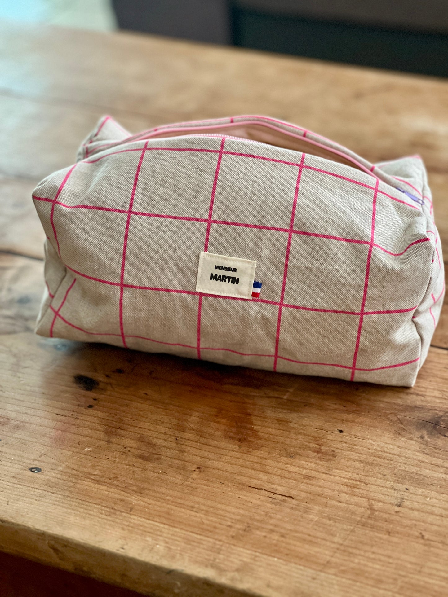 Trousse Billie – Grande trousse rectangulaire en lin à carreaux rose