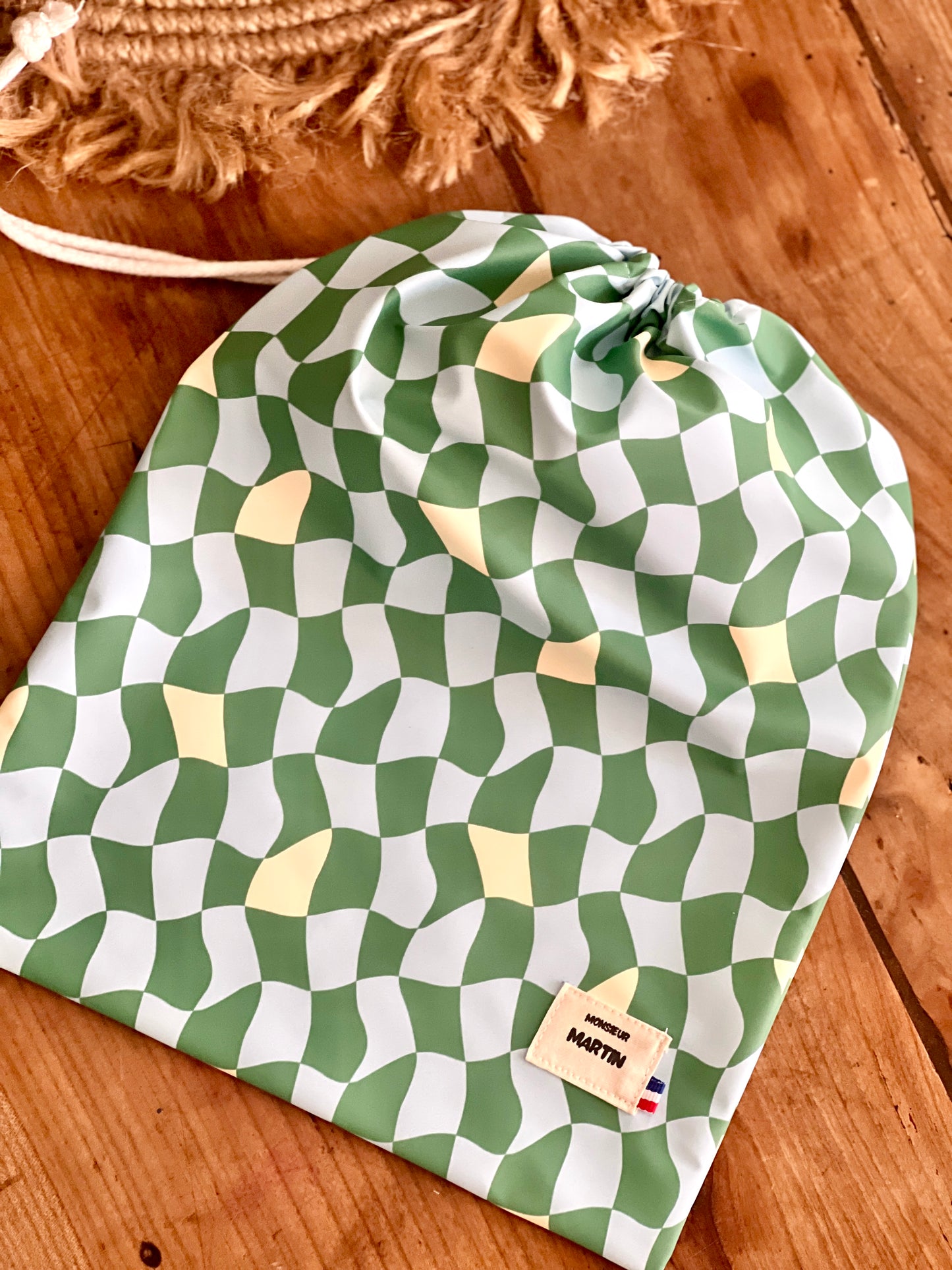 Grande pochette imperméable – Tissu damier vert funky, lavable en machine
