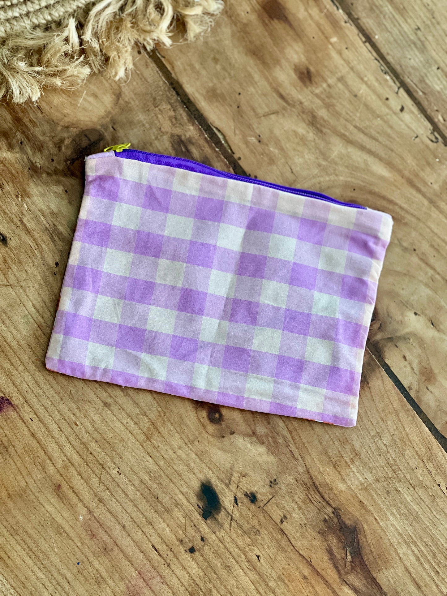 Petite trousse Louisette – Pochette léopard rose & vichy violet artisanale