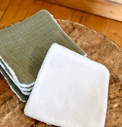 Semainier de carrés de lingettes lavables en coton double gaze kaki à paillettes