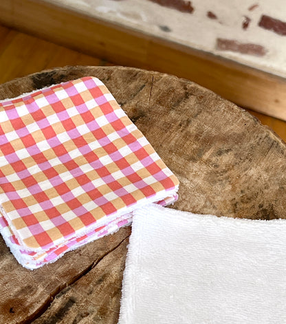Lingettes lavables en coton de bambou bio – Motif vichy orange et rose