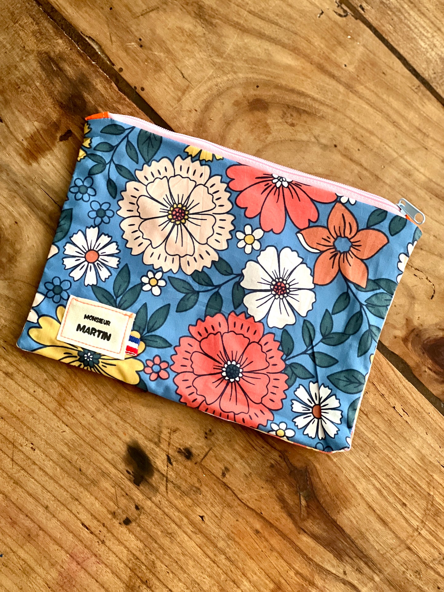 Petite pochette Louisette en coton Vichy et fleuris – Trousse maquillage ou porte-monnaie orange et rose bleu