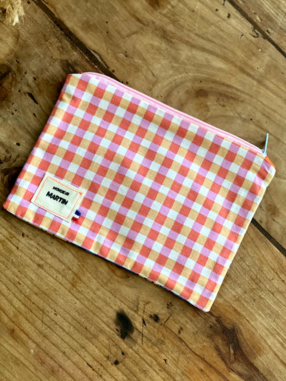 Petite pochette Louisette en coton Vichy – Trousse maquillage ou porte-monnaie orange et rose