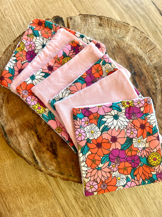 Lot de lingettes XL – Motifs fleuris roses et orangés, lavables en machine à 40 °C