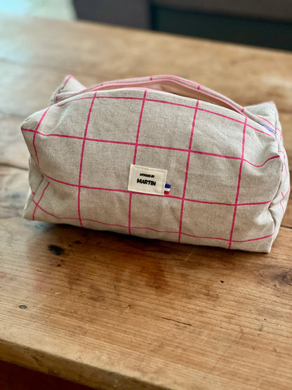 Trousse Billie – Grande trousse rectangulaire en lin à carreaux rose