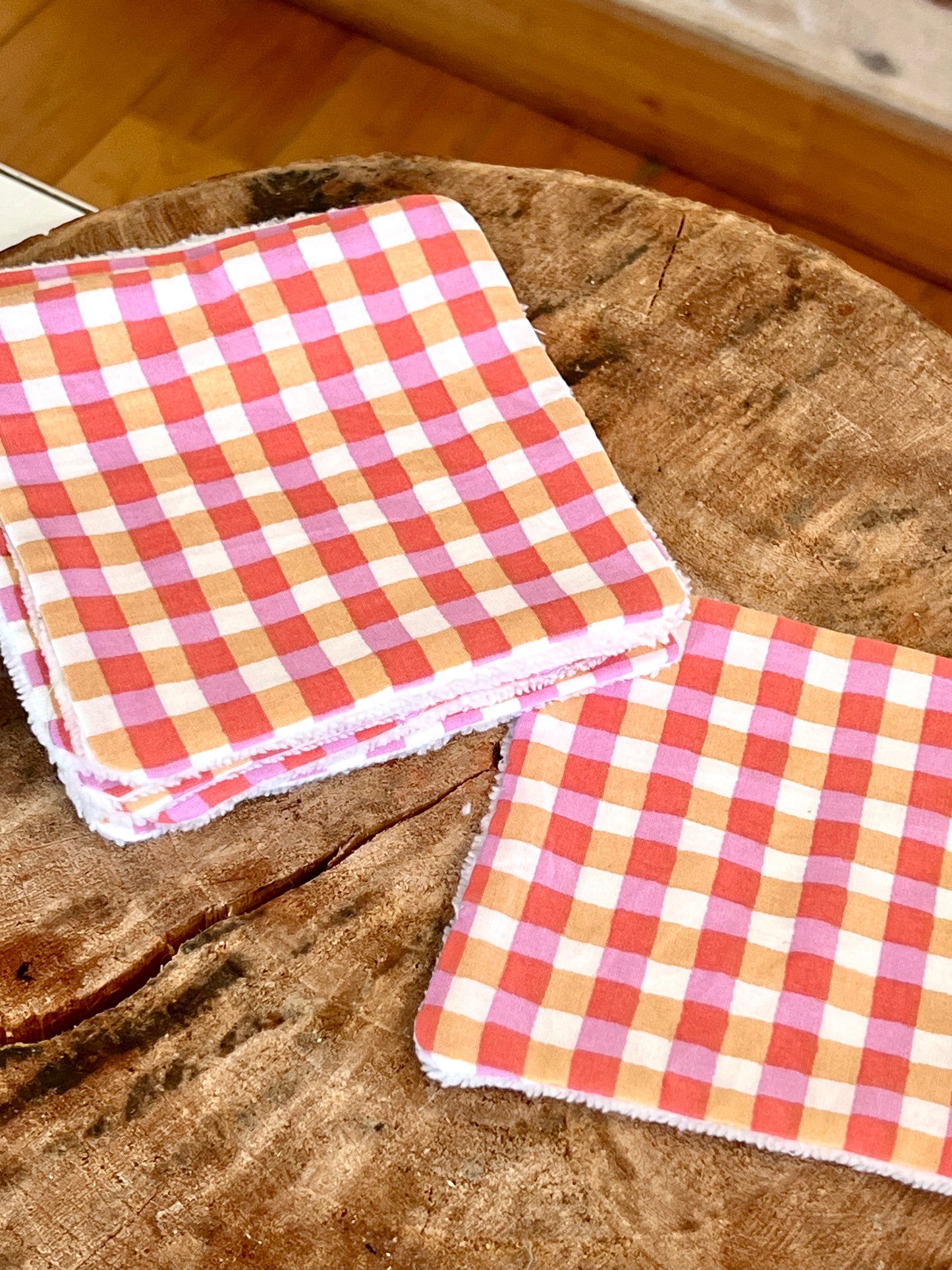 Lingettes lavables en coton de bambou bio – Motif vichy orange et rose