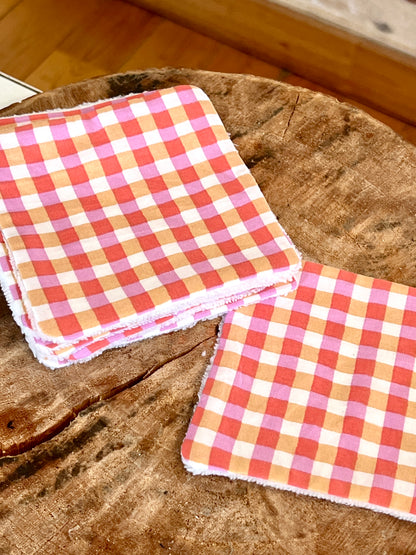 Lingettes lavables en coton de bambou bio – Motif vichy orange et rose