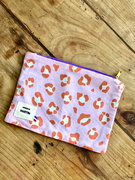 Petite trousse Louisette – Pochette léopard rose & vichy violet artisanale