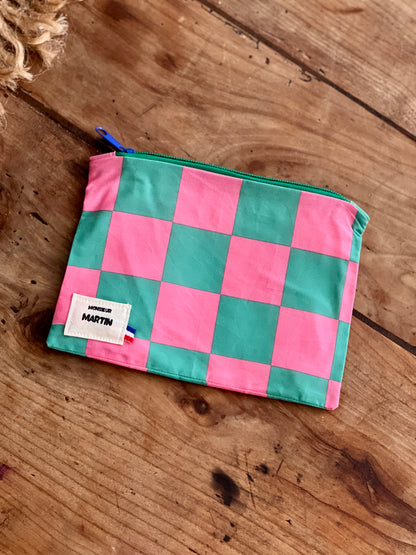 Petite trousse Louisette matelassée – Pochette en coton colorée rose et vert