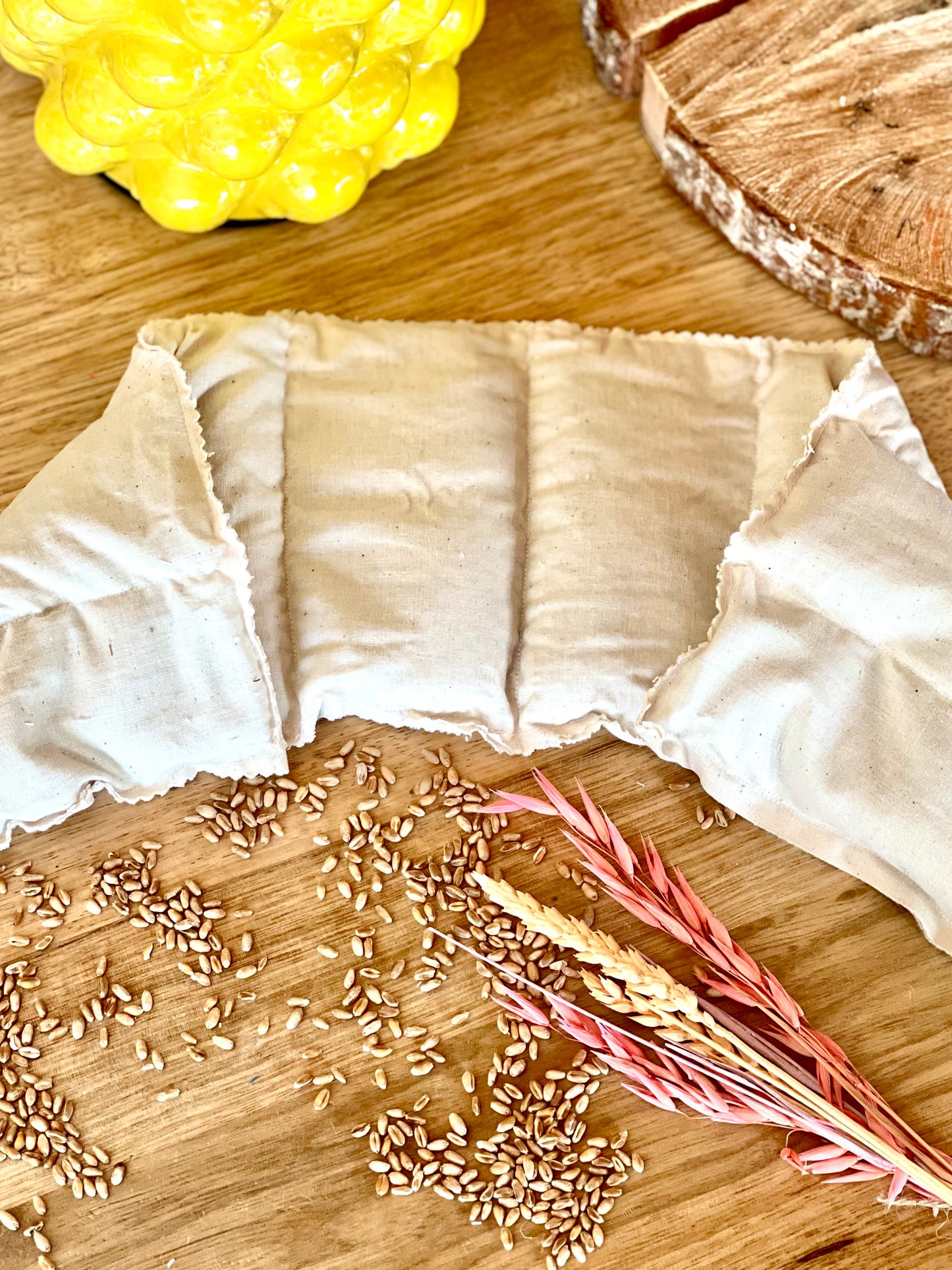 Bouillotte rectangulaire déhoussable en double gaze– Grande bouillotte chauffante artisanale au blé