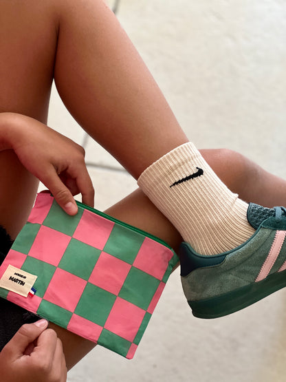 Petite trousse Louisette matelassée – Pochette en coton colorée rose et vert