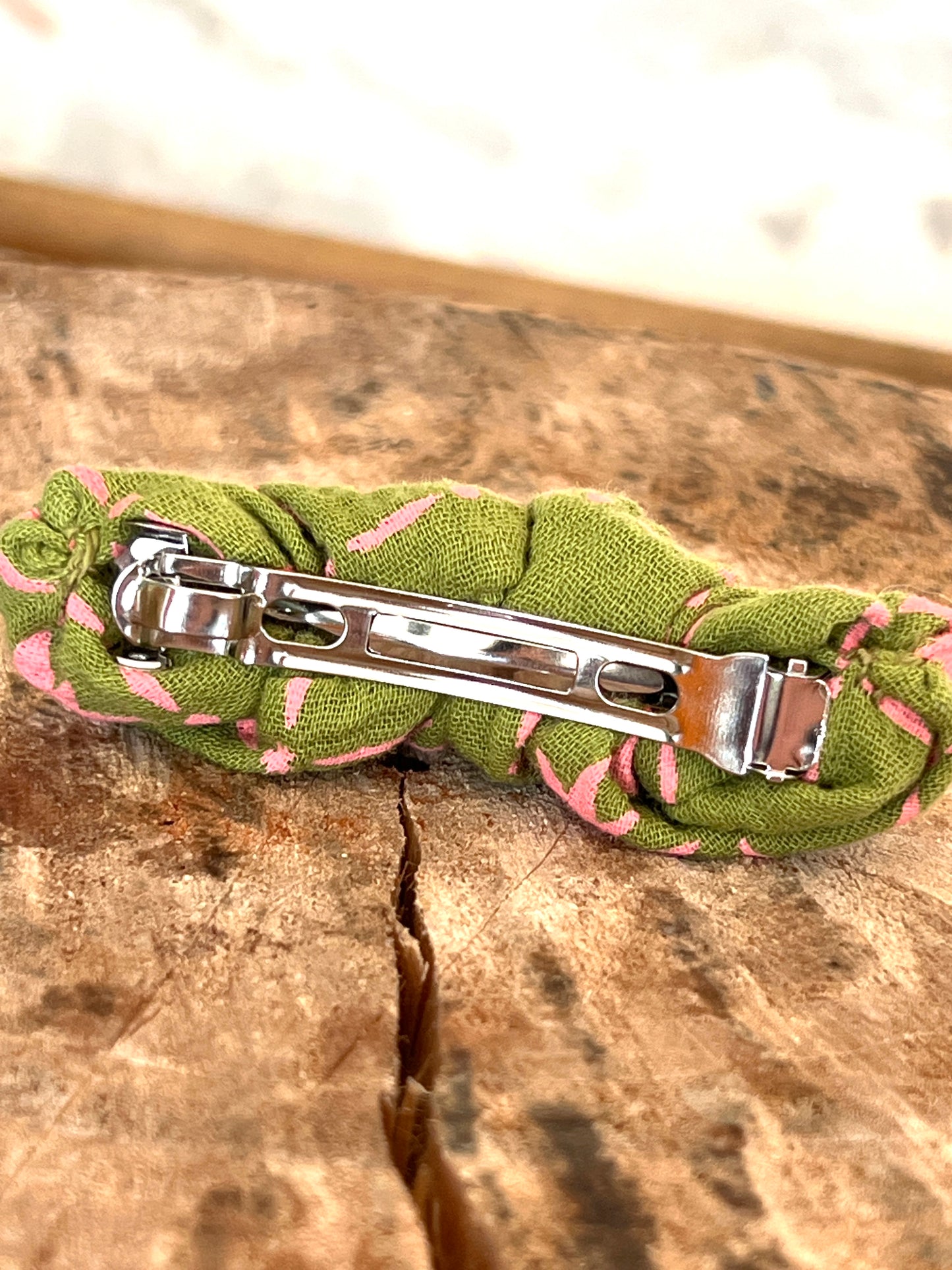 🌸 Barrette à Clip en Double Gaze – Vert & Rose Doux